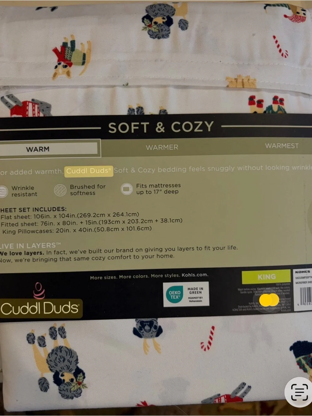 Cuddl Duds White Microfiber Sheet Set with Multicolor Dog Print KING